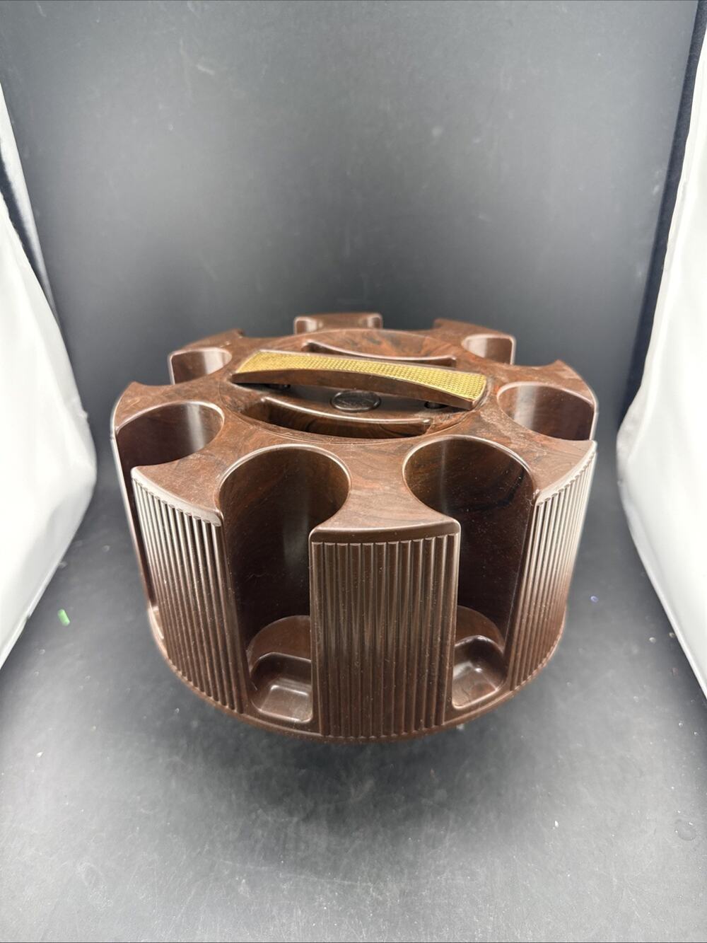 Vintage ES Lowe Brown Marbled Plastic Revolving Poker Chip Carousel Card Holder